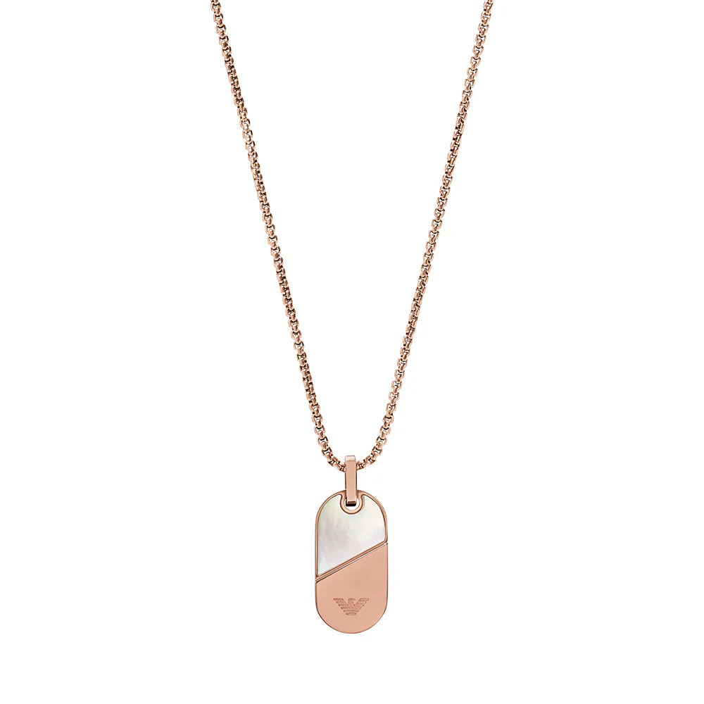 Emporio Armani Rose Gold Plated Stainless Steel Mother Of Pearl Dog Tag Pendant on Chain