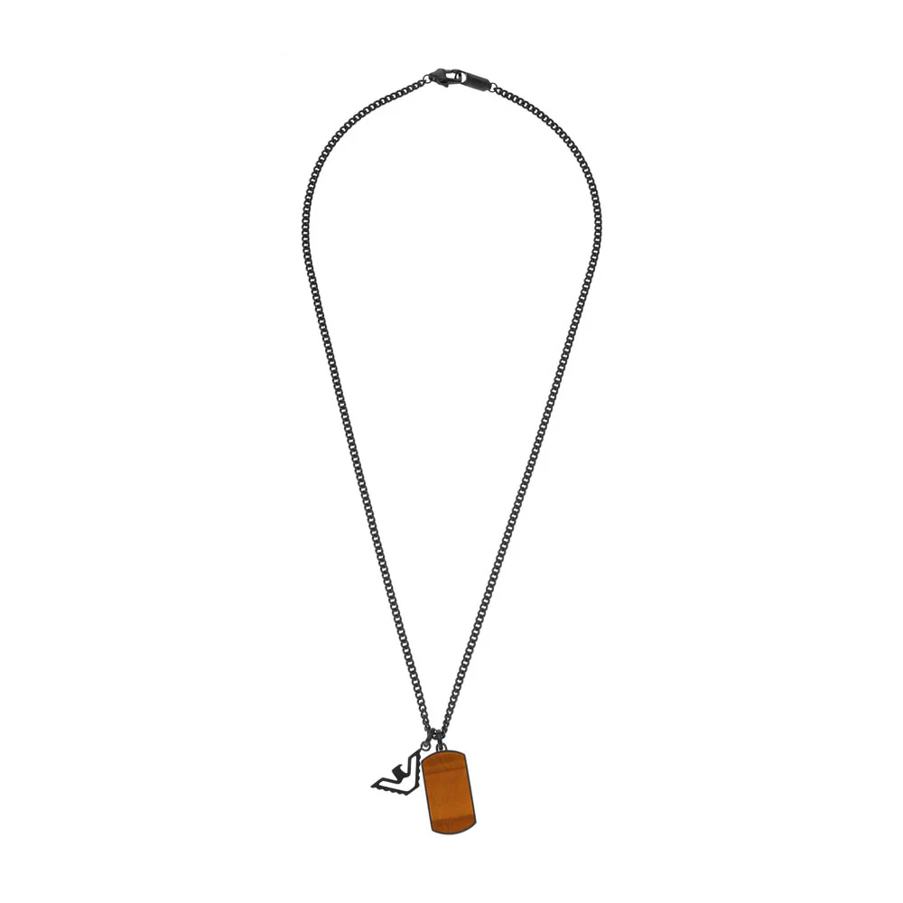 Emporio Armani Stainless Steel Brown Tiger's Eye Black Eagle Dog Tag Pendant On Chain - Image 2