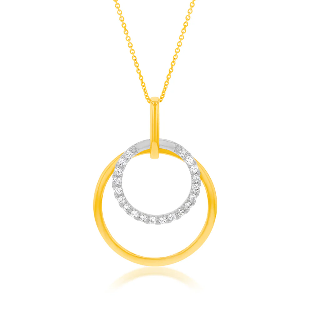 Flawless Cut 1/5 Carat Diamond Circle Pendant in 9ct Yellow Gold & White Gold + Chain