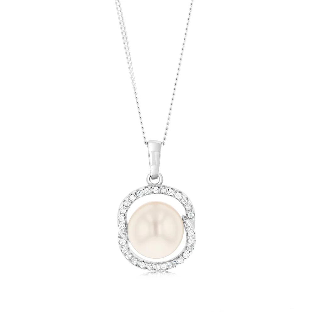Freshwater Pearl and Zirconia Earrings and Pendant Gift Boxed Set.