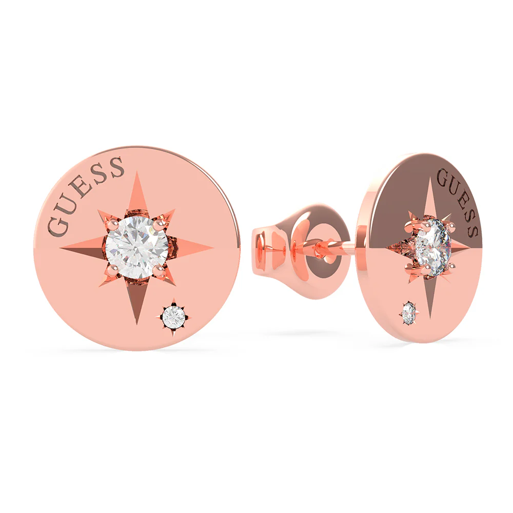 GUESS Engr Compass & Crystal Stud Earring SST+RGP