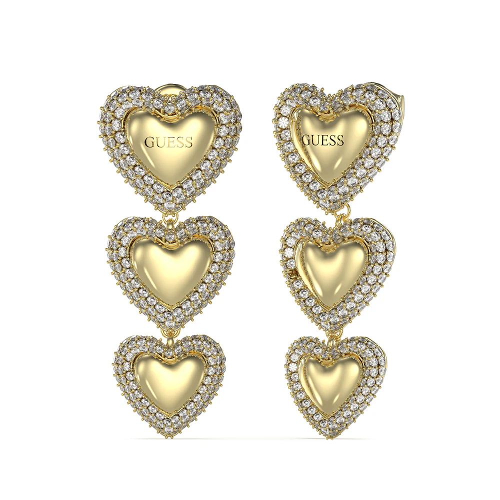 Guess Gold Plated Stainless Steel 40mm Pave Heart Pendant Drop Earrings