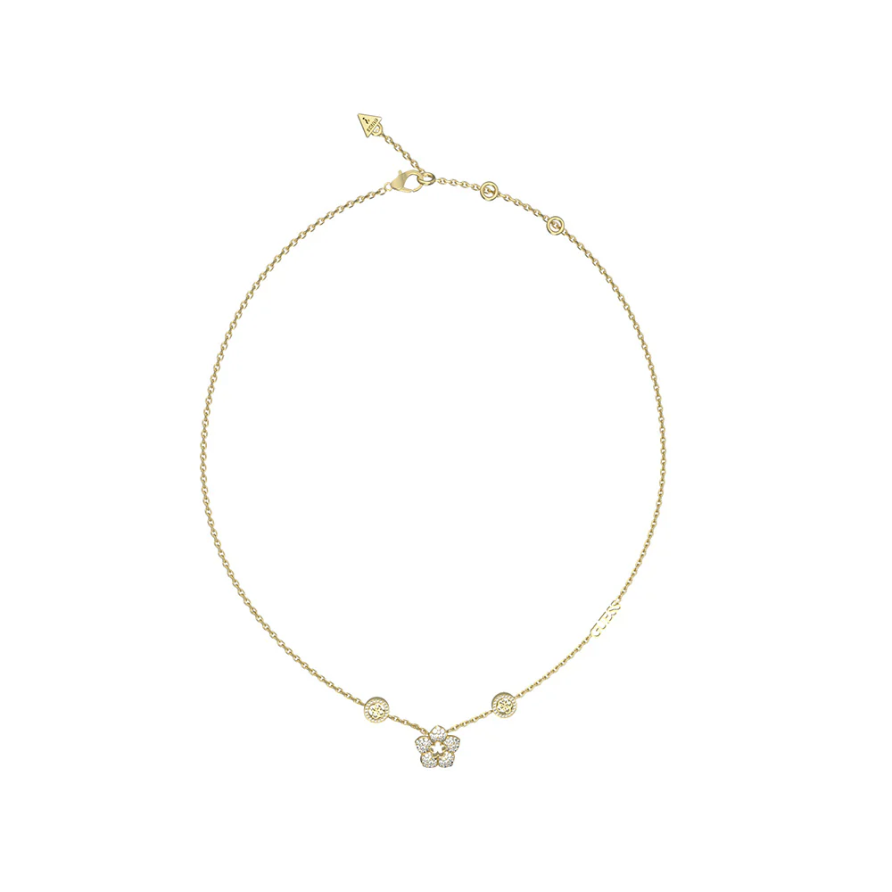 Guess Gold Plated Stainless Steel 4G Logo And Pave Flower Pendant On 16-18" Chain