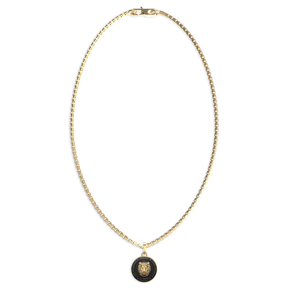 Guess Mens Jewellery Gold Plated 21mm Black And Gold Coin On Chain