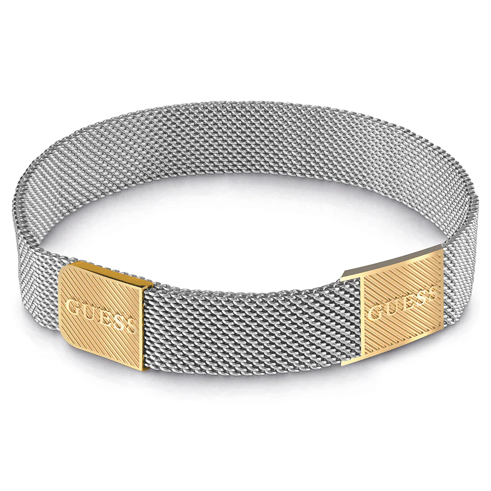 Guess Mens Jewellery Gold Plated Stainless Steel 12mm Mesh & Squared Logo Bracelet - Image 2