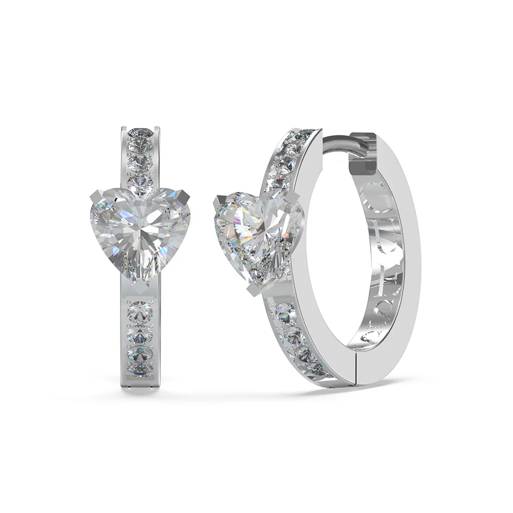 Guess Rhodium Plated Stainless Steel 12mm Heart & Pave Huggies Earrings