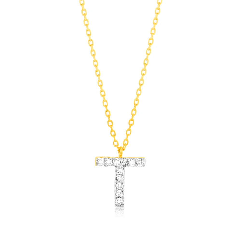Luminesce Lab Diamond 9ct Yellow Gold T Initial Pendant on Adjustable 45cm Chain