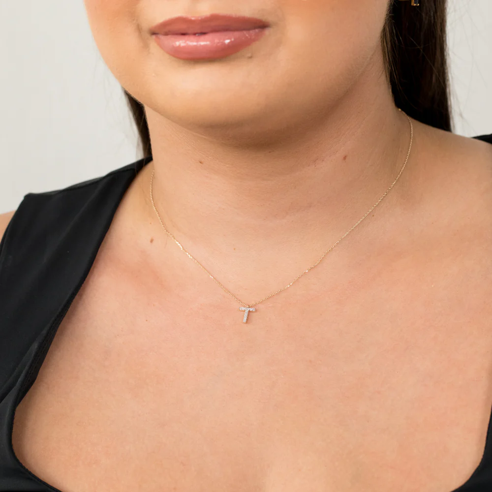 Luminesce Lab Diamond 9ct Yellow Gold T Initial Pendant on Adjustable 45cm Chain - Image 2