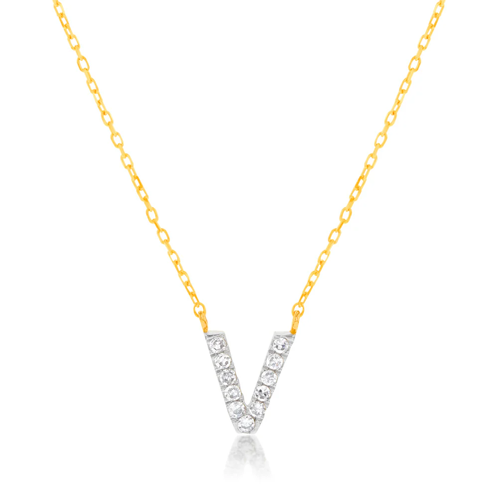 Luminesce Lab Diamond V Initial Pendant in 9ct Yellow Gold with Adjustable 45cm Chain