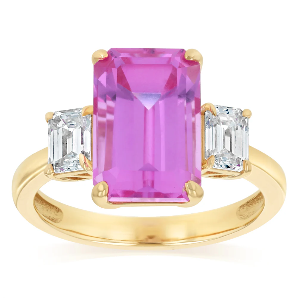 Luminesce Lab Grown 0.70 Carat Diamond and 7 Carat Created Pink Sapphire Ring in 9ct Yellow Gold