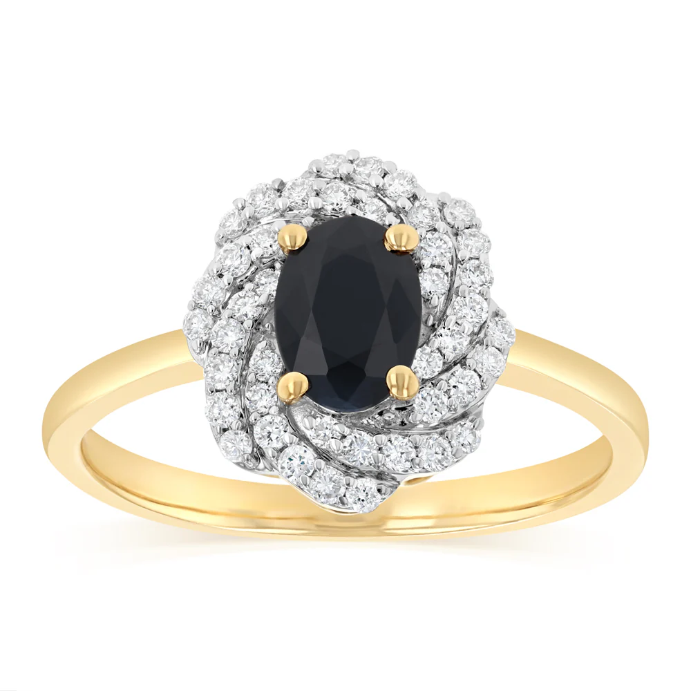 Luminesce Lab Grown 1/3 Carat Diamond and Natural Black Sapphire Ring in 9ct Yellow Gold