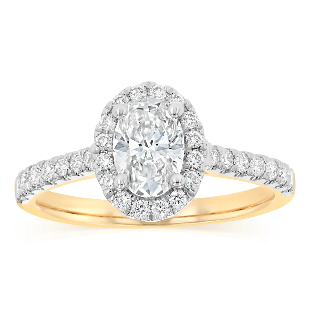 Luminesce Lab Grown 1 Carat Halo Oval Brilliant Cut Ring in 9ct Yellow Gold