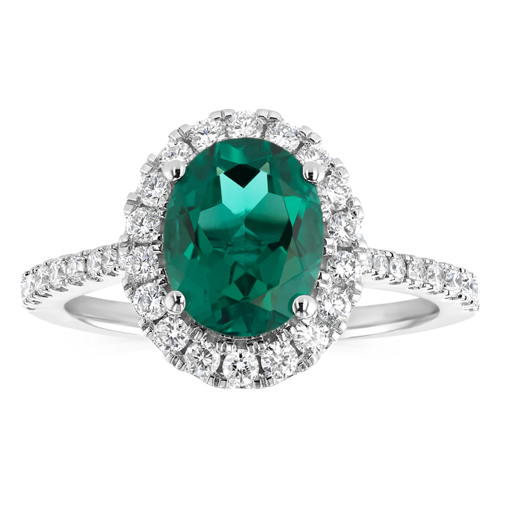 Luminesce Lab Grown 2 Carats Created Emerald with 1/2 Carat Diamond Ring in Sterling Silver