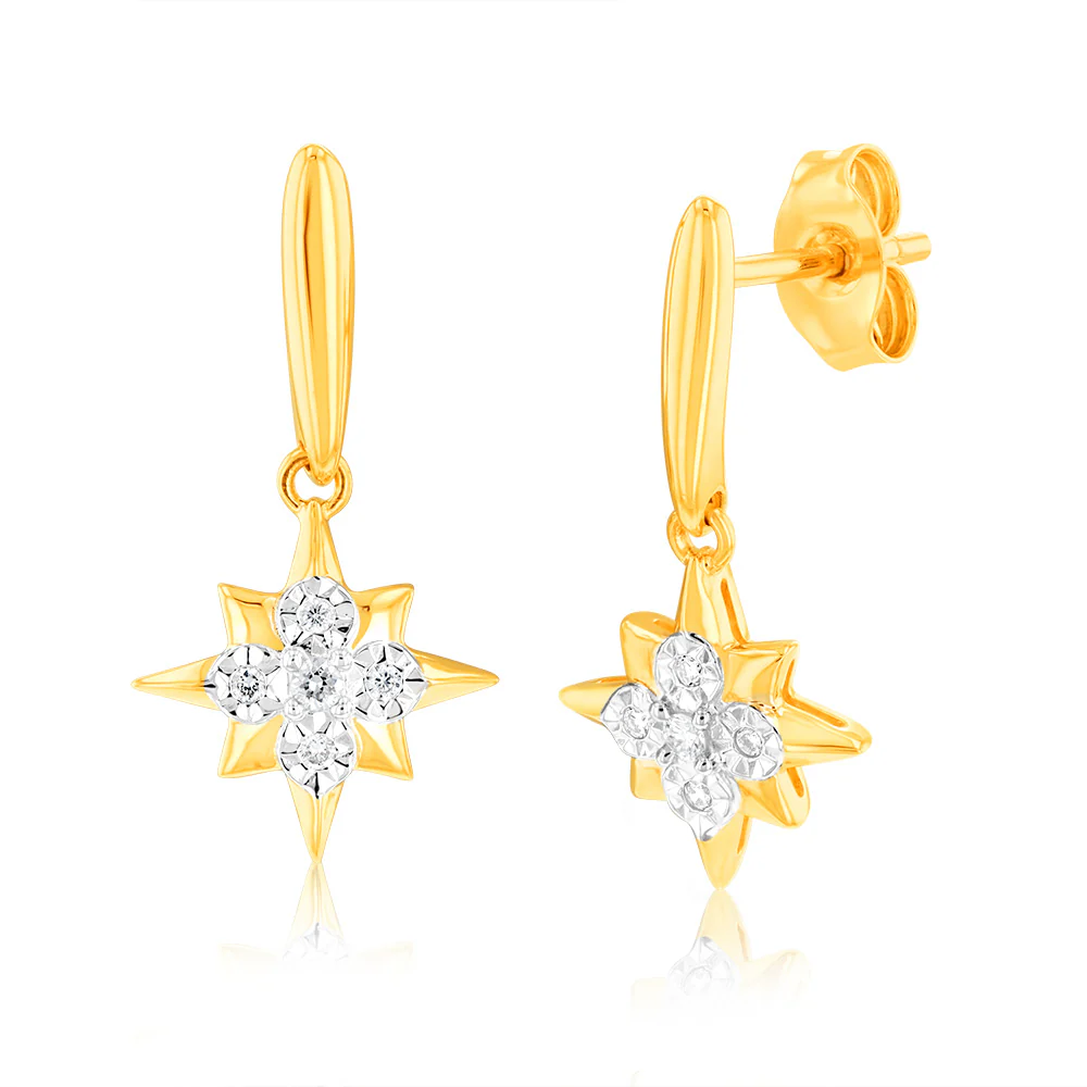 Luminesce Lab Grown 9ct Yellow Gold Star Shaped Drop Earrings in 10 Diamonds