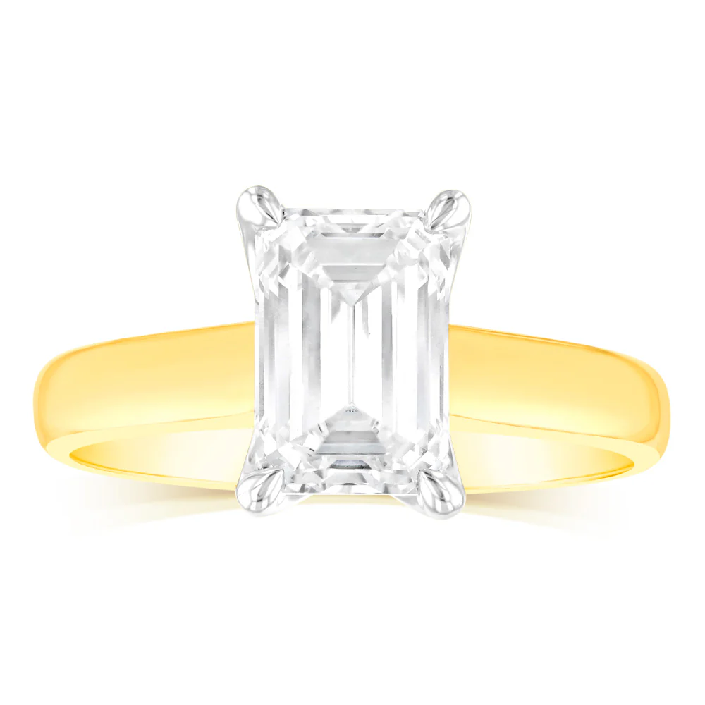 Luminesce Lab Grown Certified 2 Carat Emerald Diamond Ring in 18ct Yellow Gold