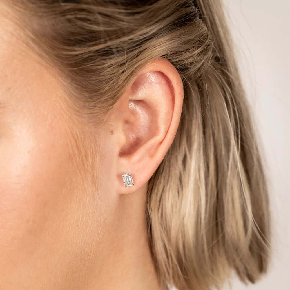 Luminesce Lab Grown Emerald Shaped 1 Carat Diamond Stud Earrings in 14ct White Gold - Image 2