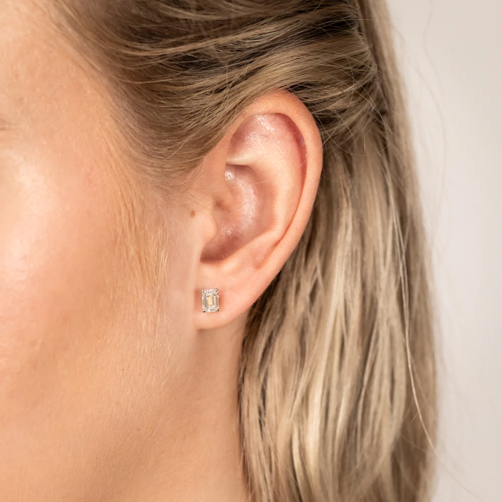 Luminesce Lab Grown Emerald Shaped 1 Carat Diamond Stud Earrings in 14ct Yellow Gold - Image 2