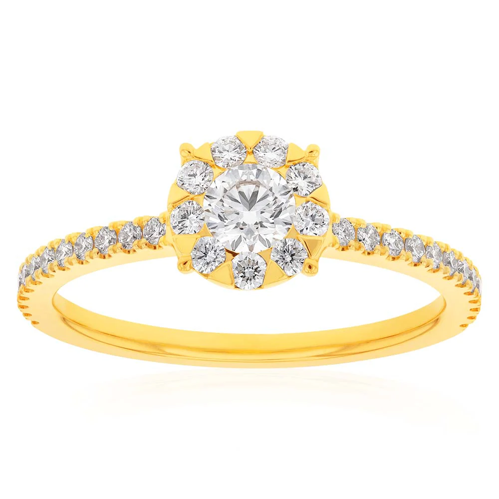 Memoire 18ct Yellow Gold 0.70 Carat Diamond Bouquet Halo Solitire Ring