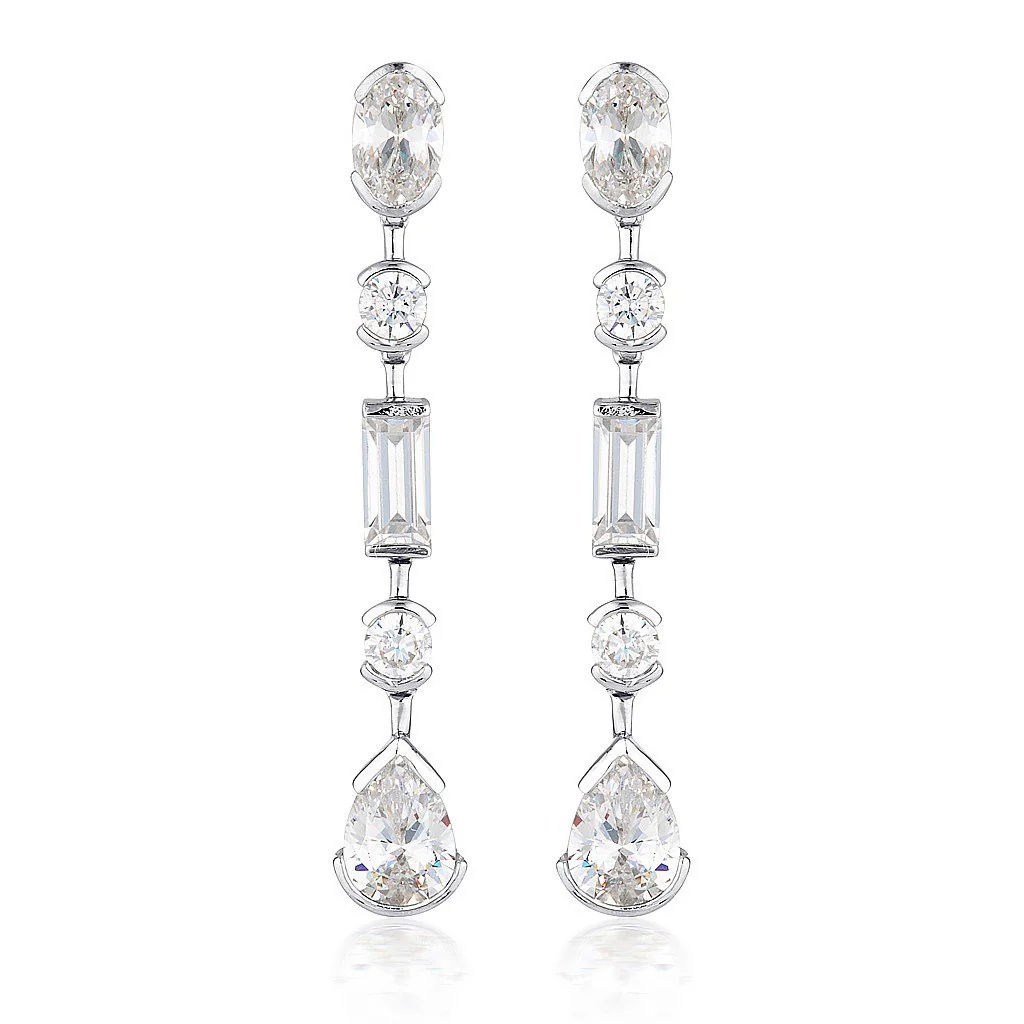 Mosaic Long Drop Silver Earrings - IE826