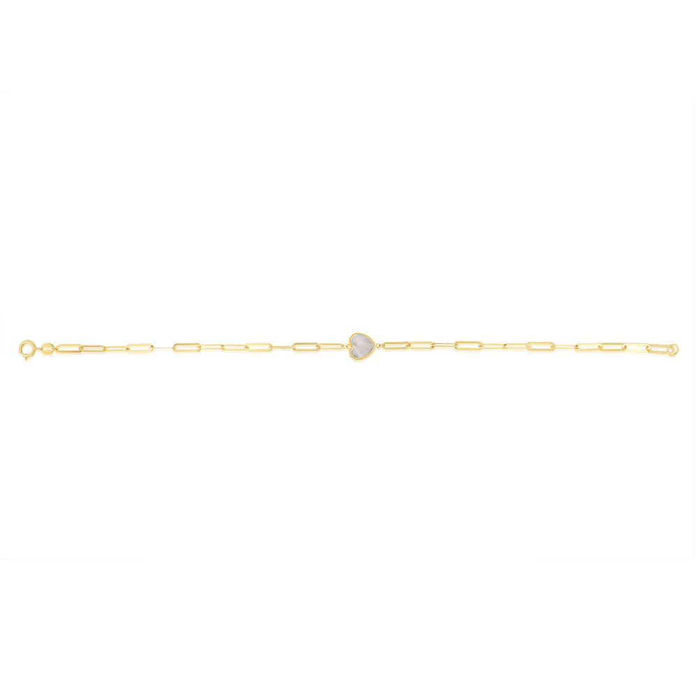 Mother of Pearl Heart Paperclip Bracelet in 9ct Yellow Gold - Image 2