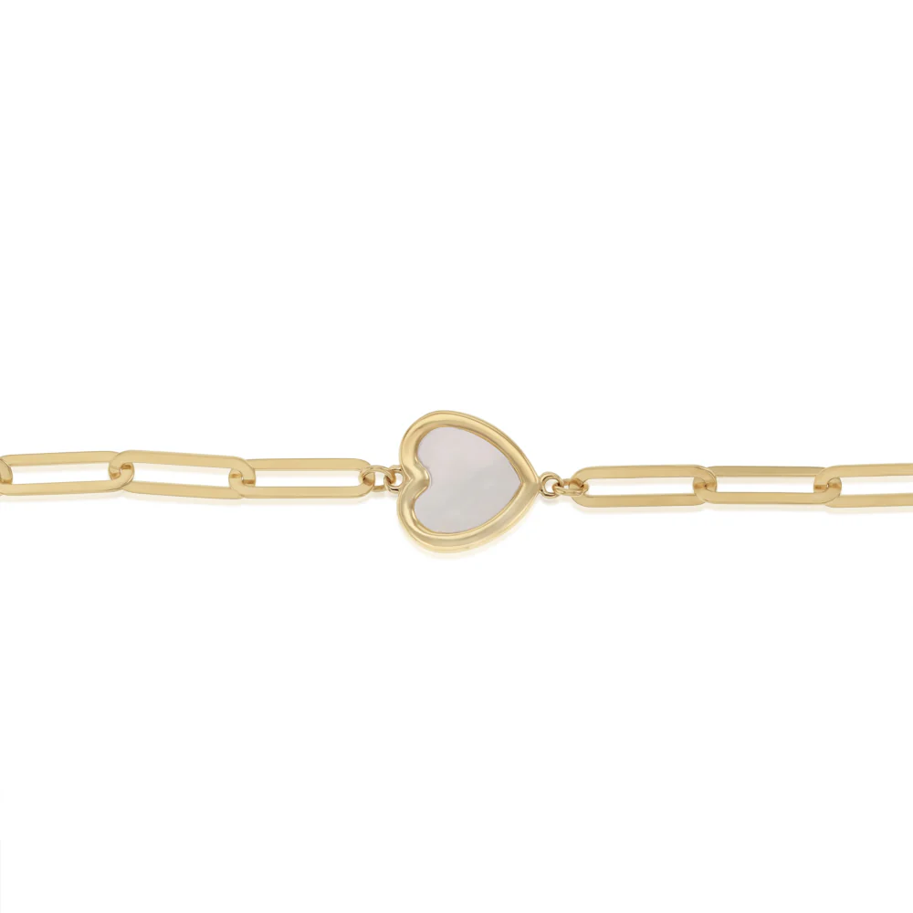 Mother of Pearl Heart Paperclip Bracelet in 9ct Yellow Gold - Image 3