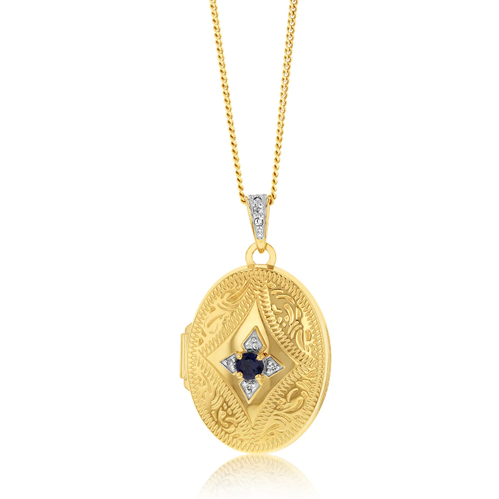 Natural Oval Black Sapphire & Diamond Locket in 9ct Yellow Gold