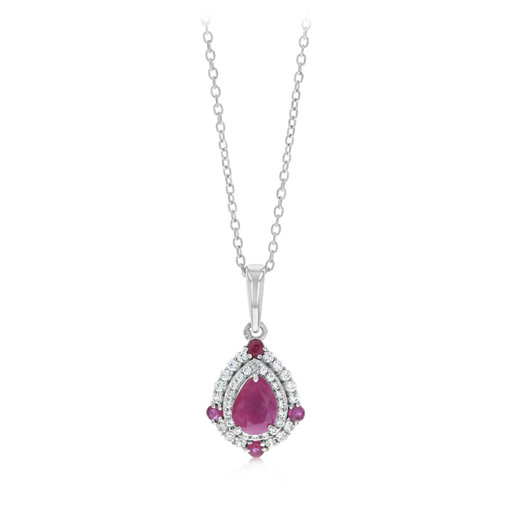 Natural Ruby and White Cubic Zirconia Pendant on Adjustable 50cm Chain in Sterling Silver