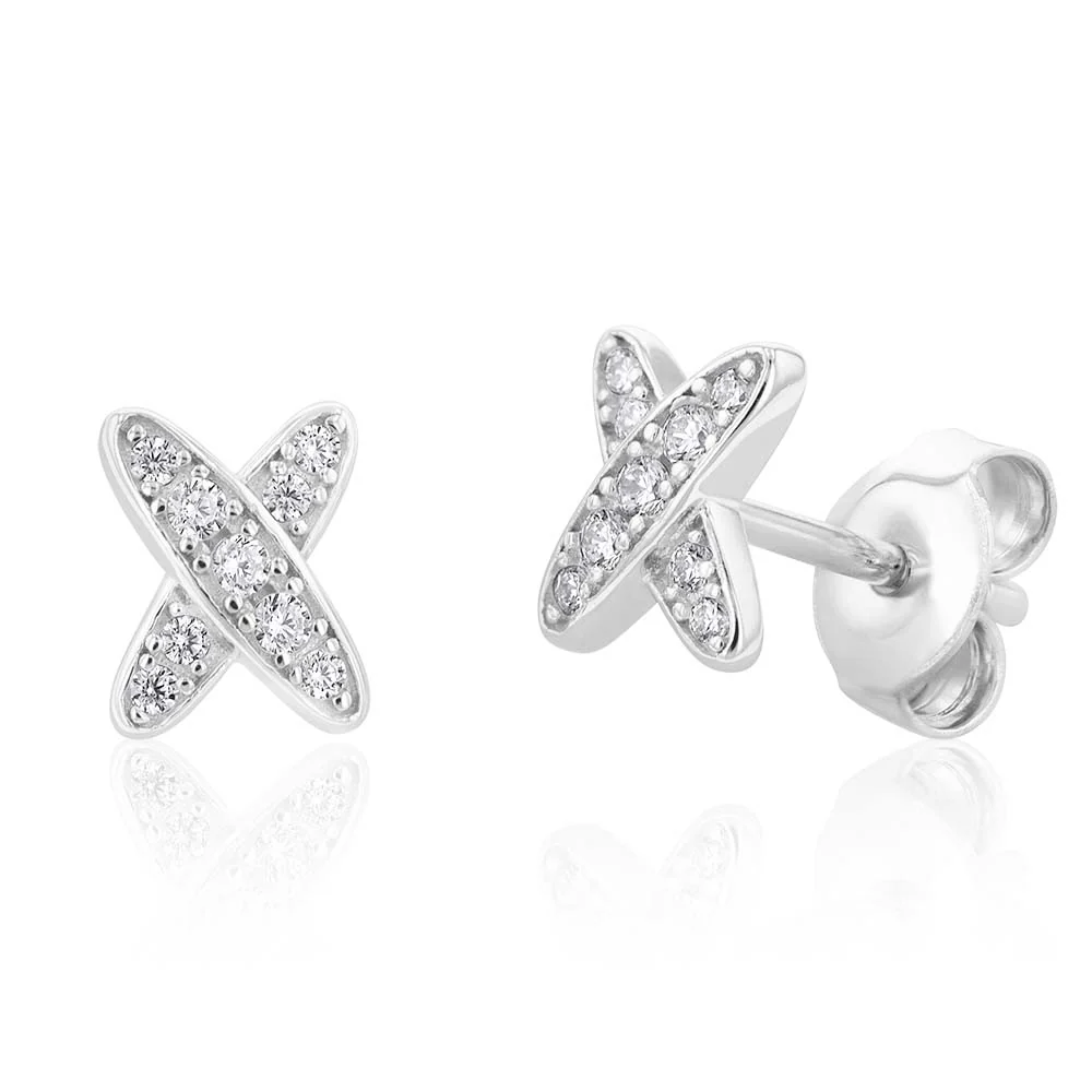 Rhodium Plated Sterling Silver Cubic Zirconia On Cross 7mm Stud Earrings - Image 2