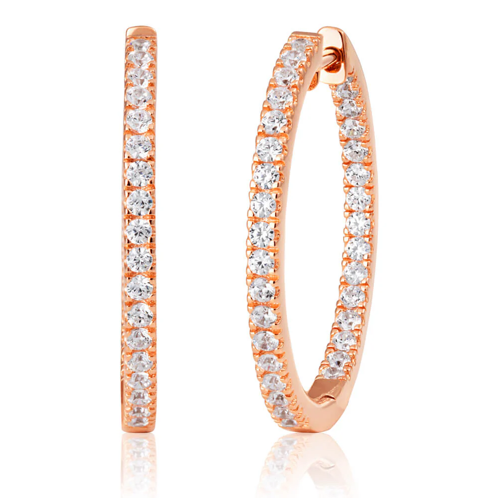 Rose Coloured Gold Plated Sterling Silver Cubic Zirconia Hoop Earrings - Image 2