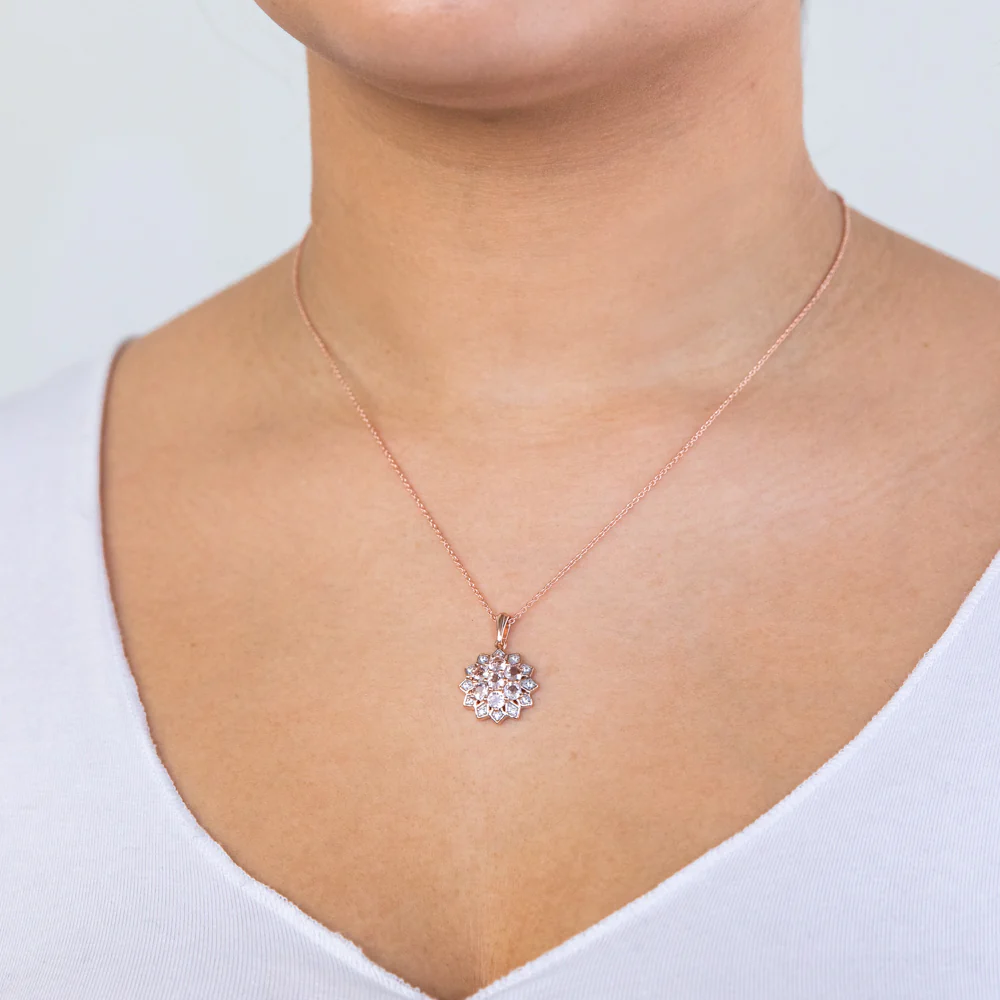 Rose Plated Sterling Silver Morganite and White Zircon Starburst Pendant on Chain - Image 3