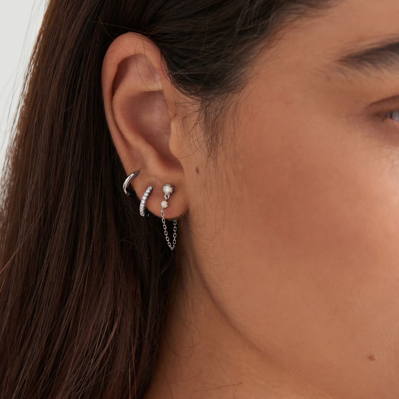 Silver Sparkle Huggie Hoop Earrings - E035-17H - Image 2