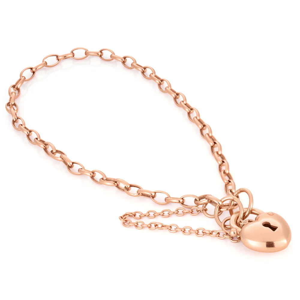 Silverfilled 9ct Yellow Gold Heart Padlock 19cm Bracelet