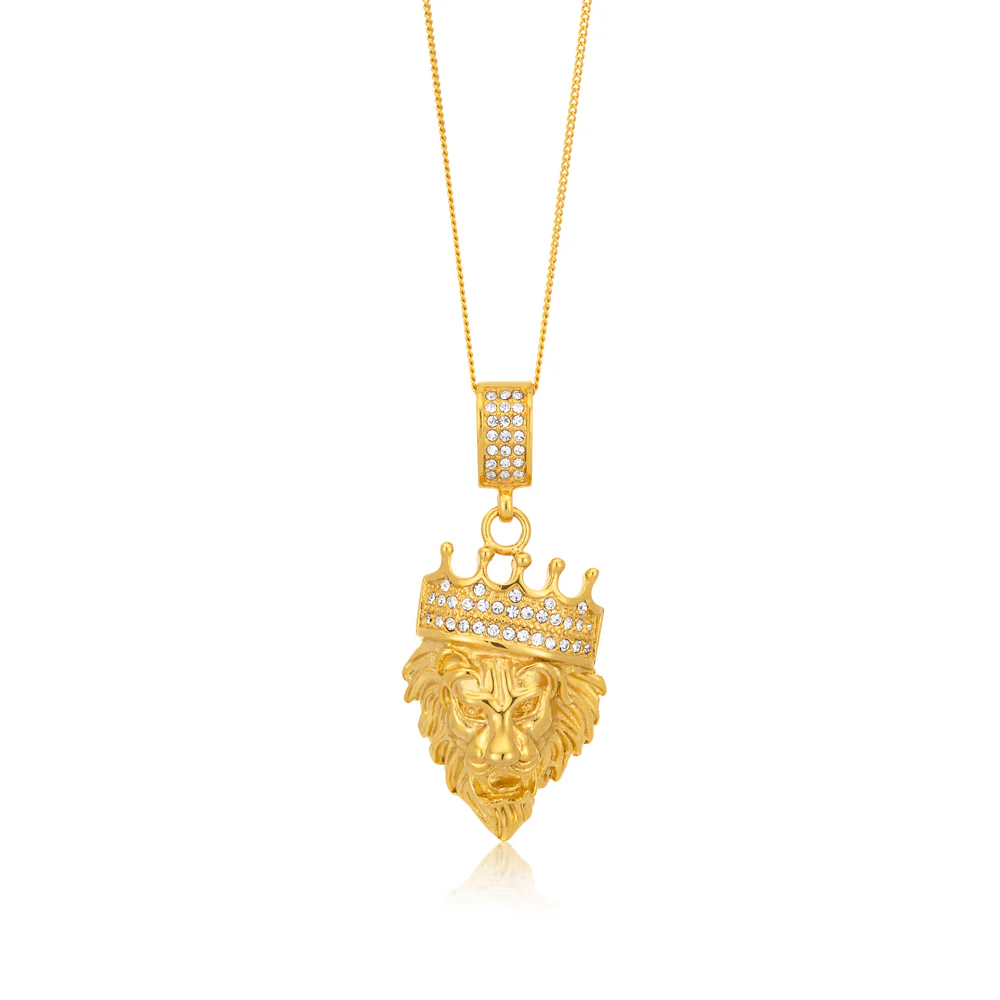 Stainless Steel and Gold Plated Crystal  Lion Head with Crown Pendant