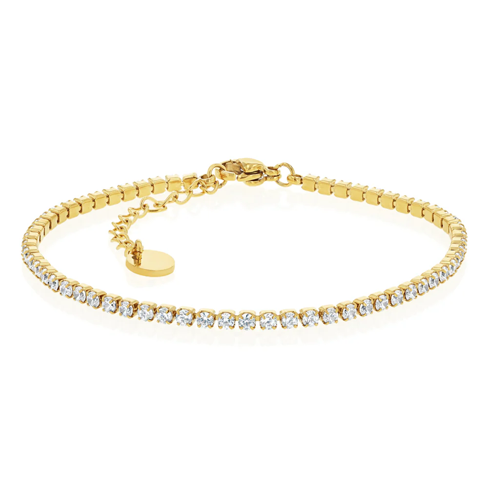 Stainless Steel Gold Plated 2mm Cubic Zirconia Tennis 17+3.5cm Bracelet