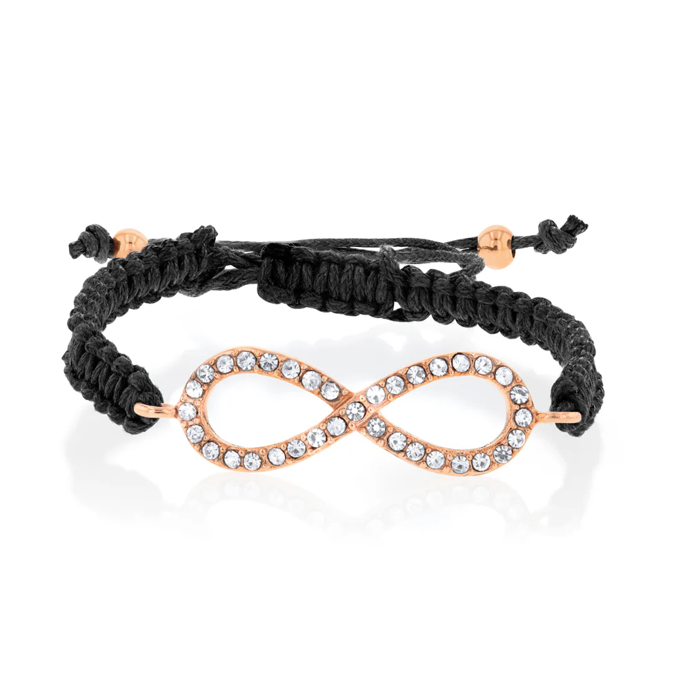 Stainless Steel Gold Plated Crystal Infinity Black Cord Bracelet - Image 2