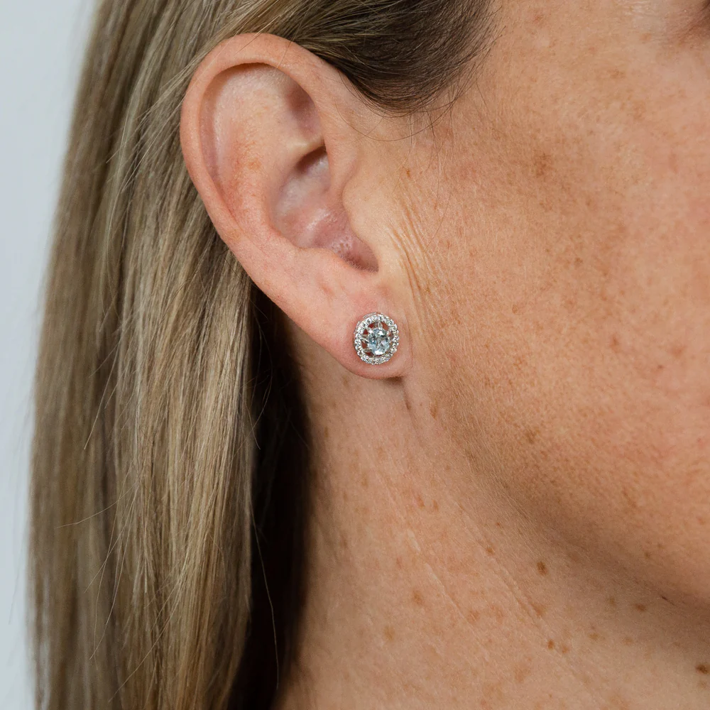 Sterling Silver 0.89ct Aquamarine and White Zircon Oval Halo Stud Earrings - Image 3