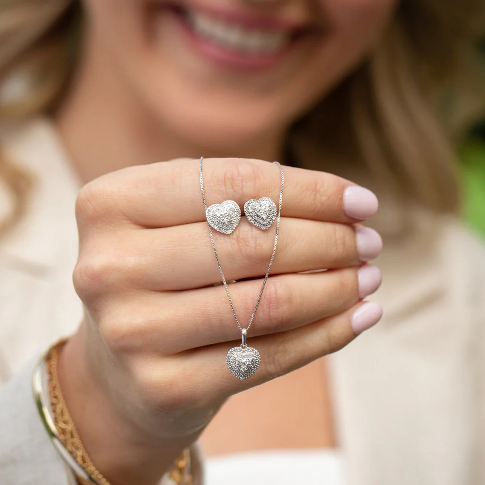 Sterling Silver 1/2 Carat Diamond Pendant and Earring Heart Shape Set on 46cm Chain - Image 3