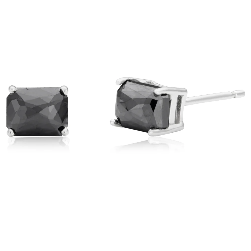 Sterling Silver 1.50 Carat Black Diamond Emerald Cut Stud Earrings - Image 2