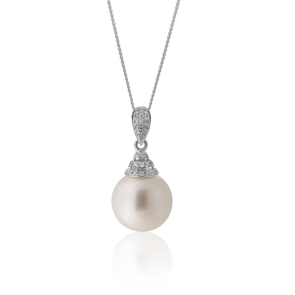Sterling Silver 12-13mm South Sea Pearl and Zirconia Pendant with 45cm Chain