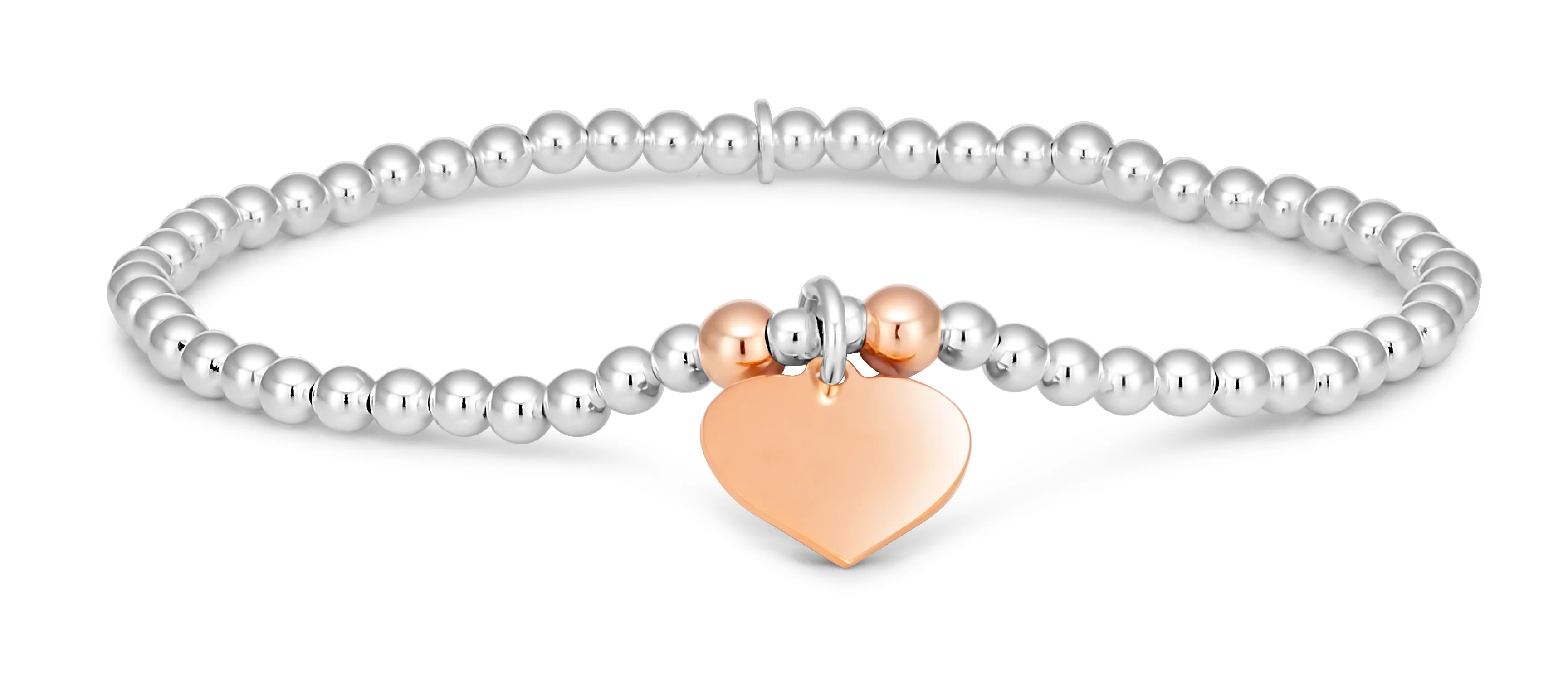 Sterling Silver 2-Tone Bead Bracelet With Heart Charm
