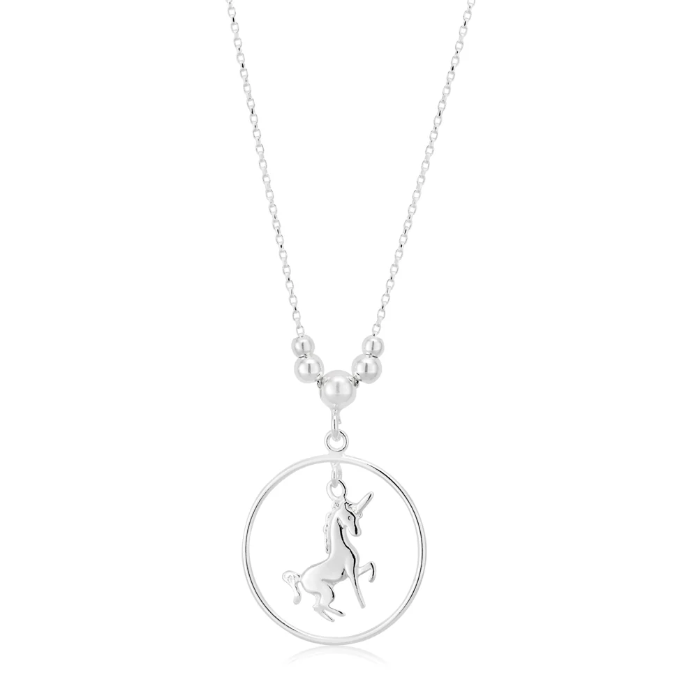 Sterling Silver 40cm Unicorn in Circle Pendant
