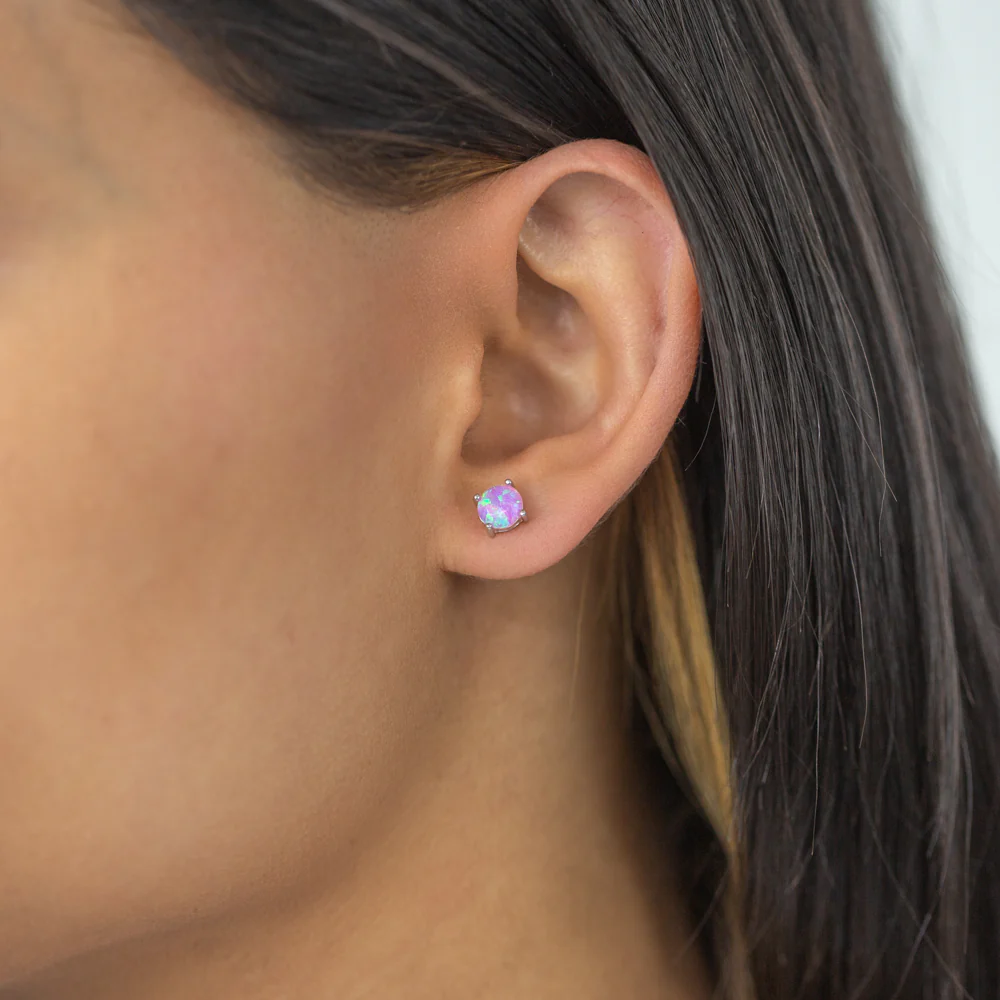 Sterling Silver 6mm Simulated 4 Claw Pink Opal Stud Earrings - Image 2