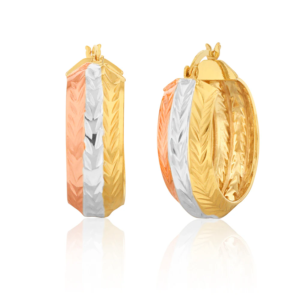 Sterling Silver 9mmx25mm Rose and Gold Plated Patterned Fancy Hoop Earrings
