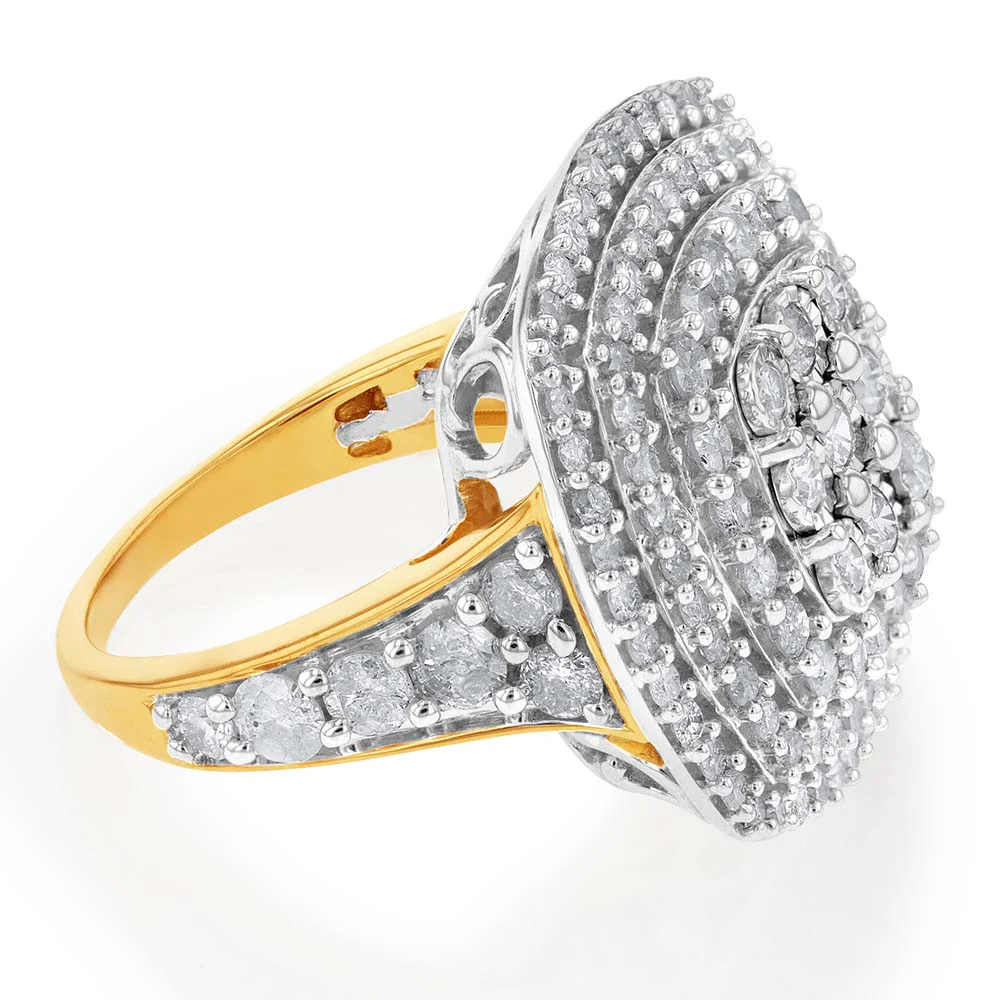 Sterling Silver and 9ct Yellow Gold 2 Carat Diamond Cushion Shape Cluster Ring