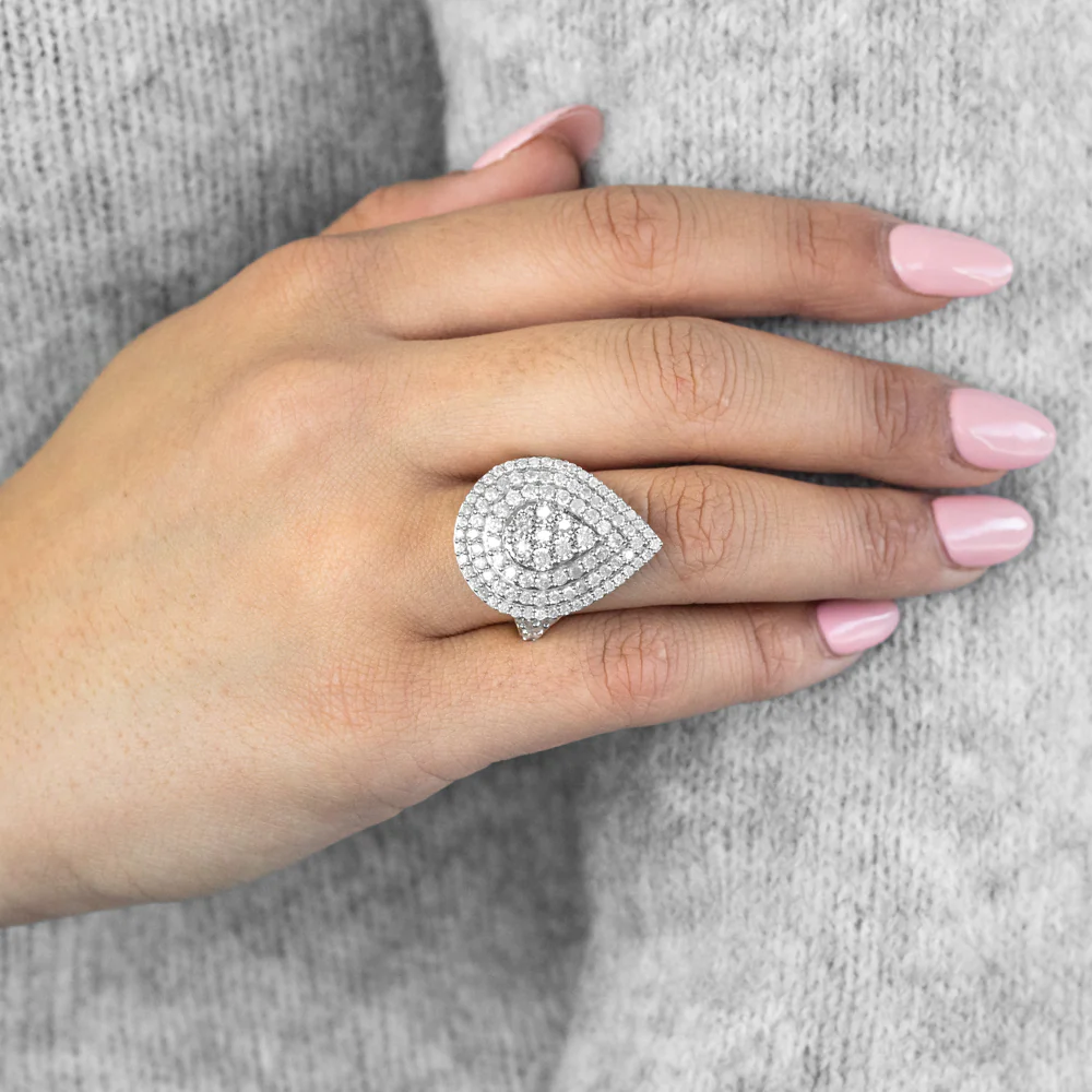 Sterling Silver and 9ct Yellow Gold 3 Carat Diamond Pear Shaped Cluster Ring - Image 3