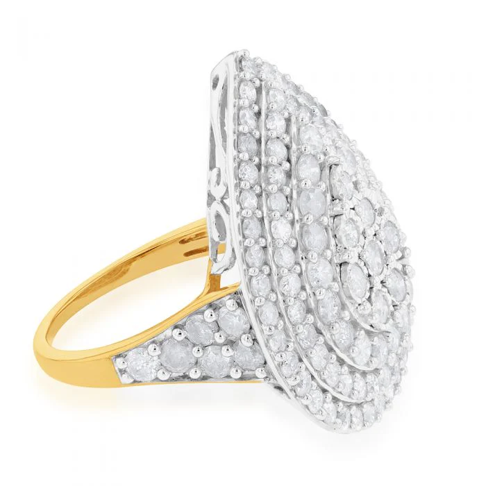 Sterling Silver and 9ct Yellow Gold 4 Carat Diamond Pear Shaped Cluster Ring