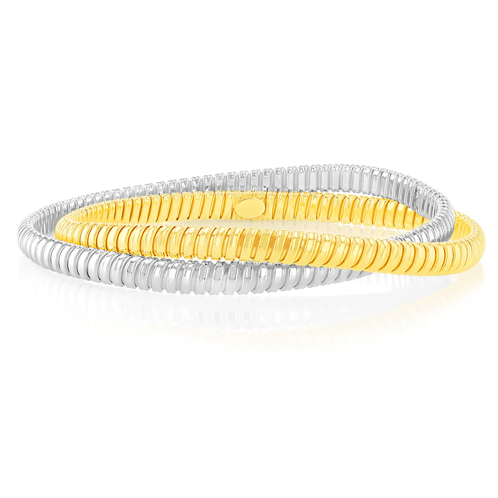 Sterling Silver And Gold Plated Two Tone Rounded Ribbed Double 68mm Bangle