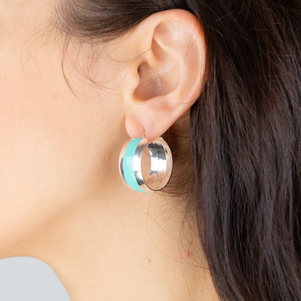Sterling Silver Aqua Enamel On Broad 23mm Hoop Earrings - Image 2