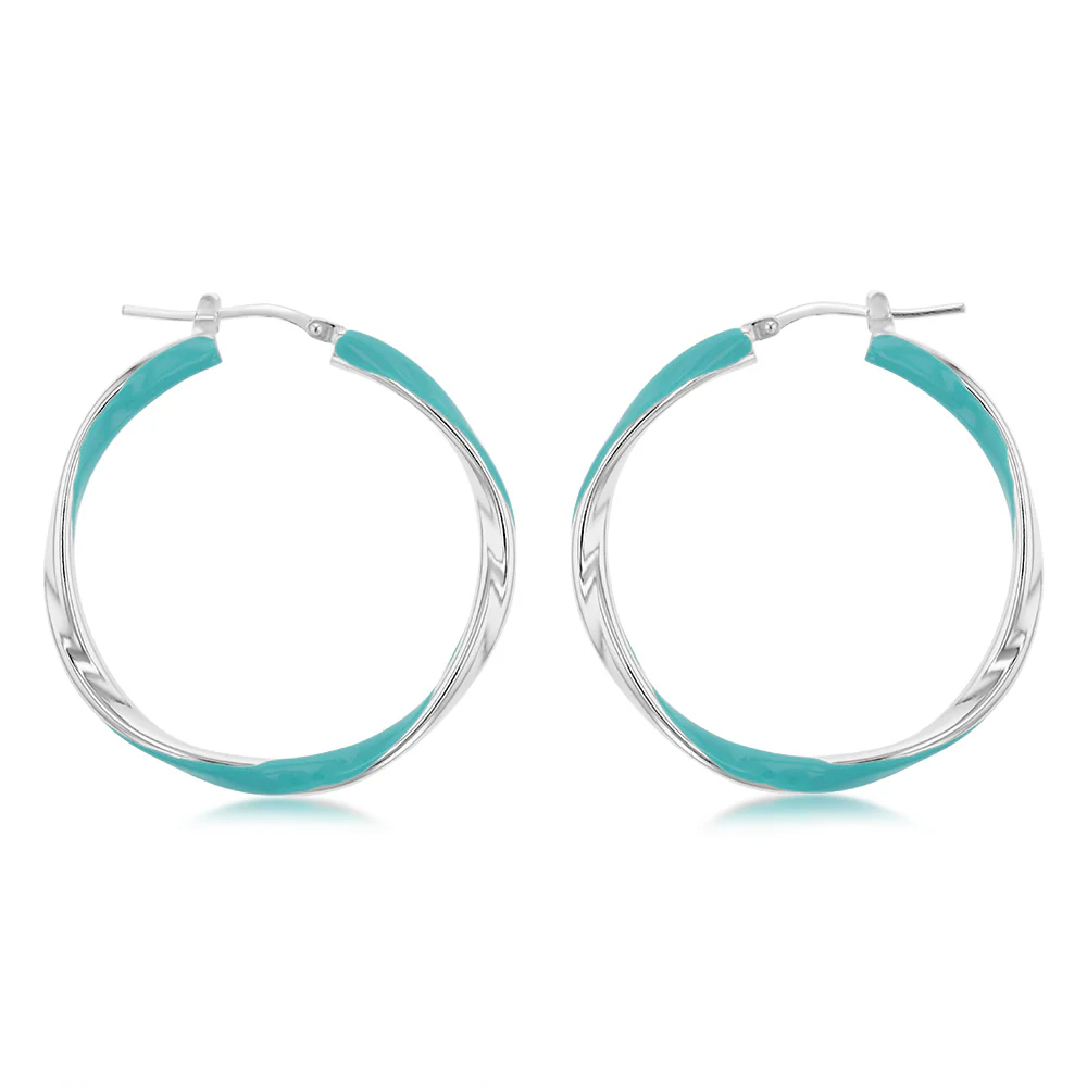 Sterling Silver Aqua Enamel On Twisted Hoop Earrings