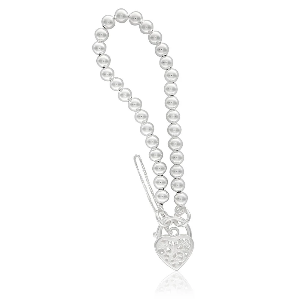 Sterling Silver Ball Link Padlock Bracelet with Filigree Heart - Image 3
